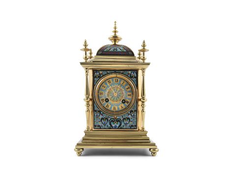 A FRENCH CLOISONNE ENAMEL MANTLE CLOCK AND CASOLETTES, 19th century, the mantle clock with pointed gilt brass finials over gl
