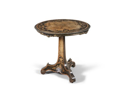 A MID 19TH CENTURY WALNUT, OLIVEWOOD AND MARQUETRY CROSSBANDED CIRCULAR CENTRE TABLE, the top with a border of ribbon and flo