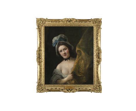 NATHANIEL HONE RHA (1718 - 1784) Portrait of a young lady wearing a bonnet, peering from behind drapes, half-length Oil on ca