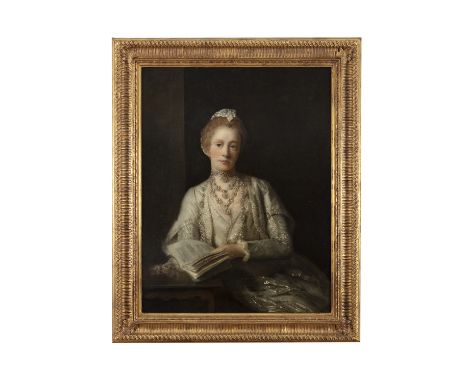 ATTRIBUTED TO NATHANIEL HONE R.A (1718 - 1784) Portrait of a seated lady, holding a book, wearing a pearl encrusted dress, ha