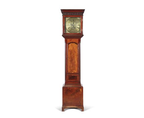 A GEORGE III INLAID MAHOGANY LONGCASE CLOCK, the hood with flat moulded cornice and blind fret frieze and enclosing a brass d