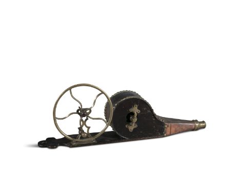 A 19TH CENTURY ROTARY WINDING BELLOWS, with brass wheel and handle and ebonised brass studded chamber with tapering copper no