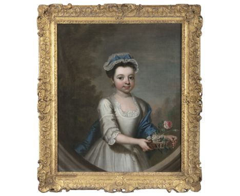 ENGLISH SCHOOL (18TH CENTURY) Portrait of a Young Girl, Holding a Basket of Flowers Oil on canvas, 75.5 x 66cm