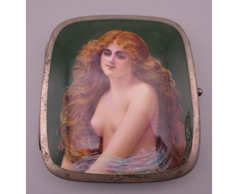 A sterling silver and enamel cigarette case decorated with a nude girl. 8.5 cm wide.