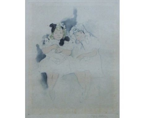An etching of Two Young Children, indistinctly signed, framed and glazed. 32 x 40.5 cm.