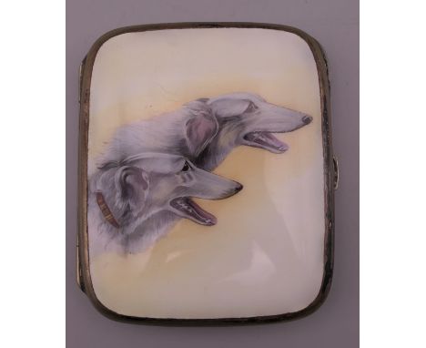 An Alpaca and enamel cigarette case decorated with two Borzoi dogs. 7.5 cm wide. 
