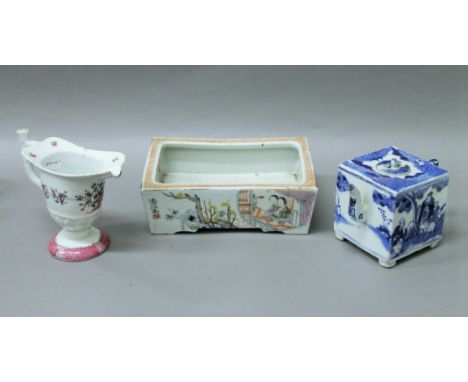 An 18th/19th century Chinese porcelain planter, together with an 18th century famille rose porcelain jug and a Chinese blue a