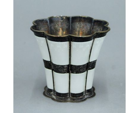An A. Michelsen Copenhagen sterling silver white enamel decorated lobed vase. 8.5 cm high. 184.9 grammes total weight.