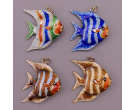 Four silver and enamel fish pendants. Each approximately 3 cm high.