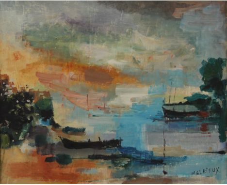 An oil on canvas, Boats on a Shoreline, signed Malrieux, framed (54 x 45.5 cm); together with four prints, including Bob Sand
