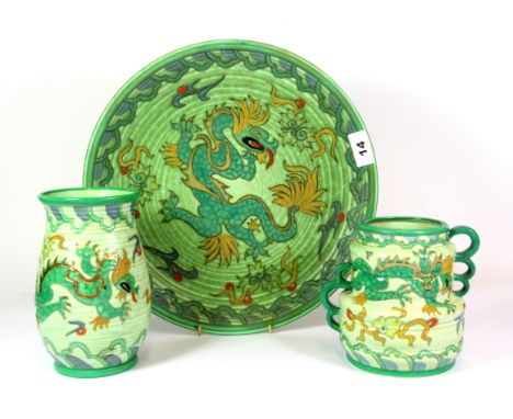 Three Crown Ducal dragon pattern items including Charlotte Rhead charger Dia. 32cm, Vase H. 17cm.