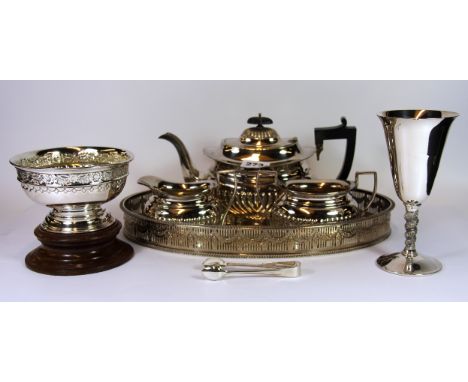 A three piece silver plated tea set with gallery tray, rose bowl and goblet.