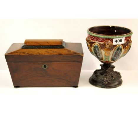An early 19th century tea caddy and a ceramic oil lamp base.