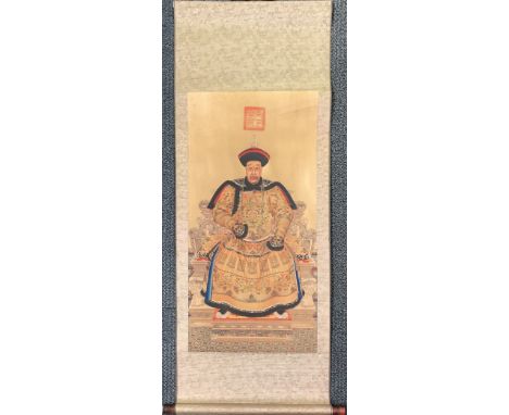 A Chinese silk mounted scroll, W. 57cm.