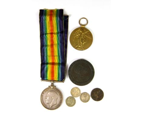 Two WWI service medals for K.3437 GW MC CULLOCH STO.1 RM, a cartwheel penny and four coins.