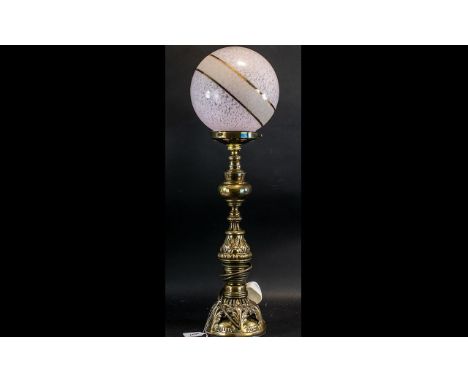 Brass Ornate Table Lamp with Pink Mottled and Gold Lined Shade. 