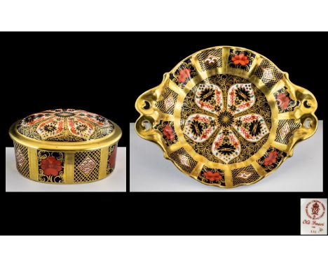 Royal Crown Derby Old Imari Pattern Solid Gold Band 22ct Gold Twin Handle Trinket Dish, Pattern No 1128, Date 1993. 6.5 Inche