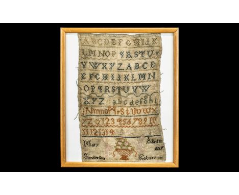 Georgian Sampler. Antique Sampler 1827 with Upper and Lower Case Letters and Numbers. Signed and Dated. 