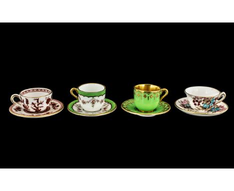 Antique Miniature Cup and Saucers. 4 Cups and 4 Saucers, All Hand Painted In Wonderful Condition Throughout. 3 cms In Height.