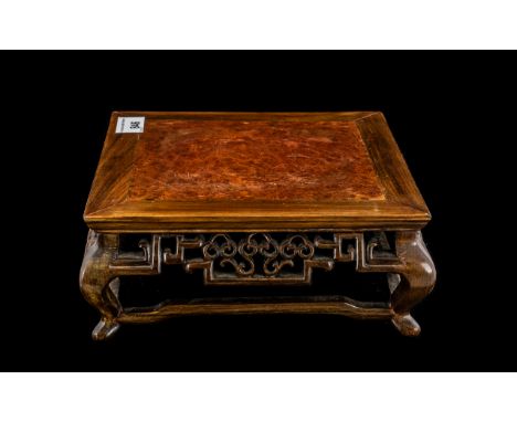 Chinese Carved Hardwood Table Stand, the central panel to the top is fitted with mulberry wood, terminating on scroll shaped 