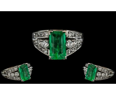 18ct White Gold - Superb Quality Emerald and Diamond Set Dress Ring. c.1930's. The Natural Step-cut Columbian Emerald of Exce