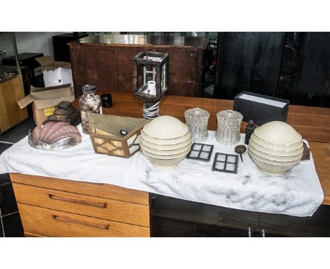 A Miscellaneous Box to include two opaline ribbed shades with copper brackets, an art deco glass shell shade with chrome fitt