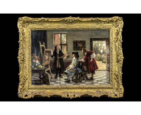 Frank Moss Bennett - British Artist of Hunting and Genre Subjects ( 1874 - 1952 ) Painting on Canvas titled 'The Visit to the