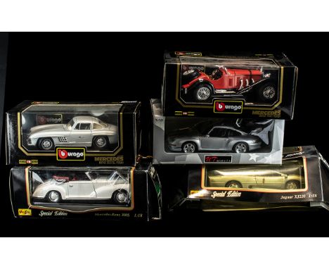 A Collection of Diecast Model Cars 5 in total. To include, Maisto Jaguar Special Edition XJ 220(1992), Mercedes Benz 300 SL (