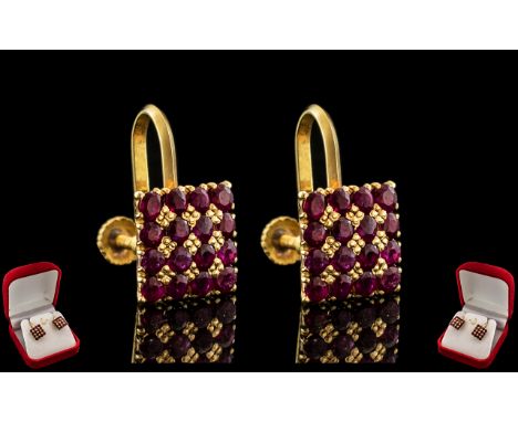 Ladies - Superb Pair of 18ct Gold Ruby Set Earrings of Square Form. The Rubies of Excellent Rich Red Colour. Est Weight 1.00 