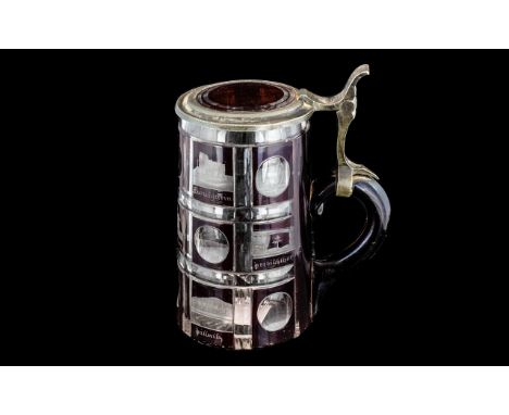 German Antique Bohemian Glass Ruby Red Lidded Stein, finely engraved with panels depicting German views of interest.  6" high