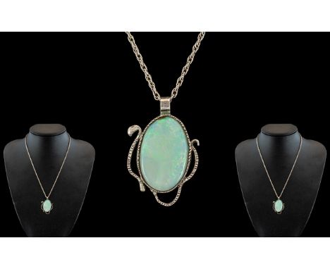 A Vintage Attractive Sterling Silver Large Opal Set Pendant, With Attached Sterling Silver Chain. Both Marked for Silver 925.