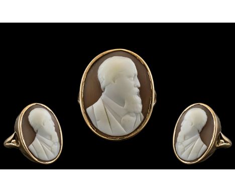 Victorian Period Superb Antique High Quality 15ct Gold - Carved Cameo Set Ring, Depicts Portrait of a Gentleman Superb Carvin