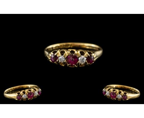 Antique Period - Attractive 18ct Gold 5 Stone Ruby and Diamond Set Ring - Gallery Setting. The Natural Rubies of Excellent Co