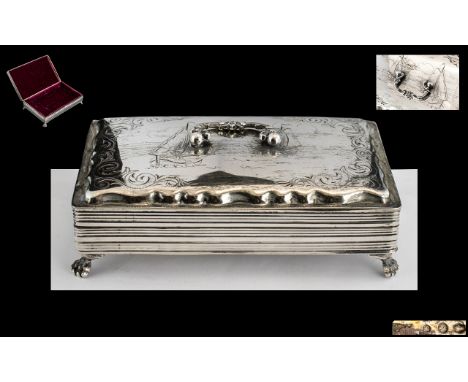 French - 19th Century Solid Silver Ladies Dressing Table Trinket Box with Ornate Handle and Borders, Raised on 4 Lions Paw Fe