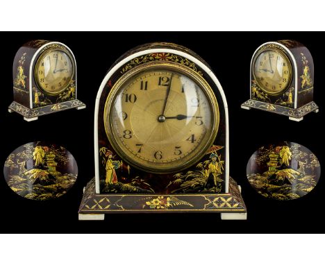 A Fine Quality Unusual Art Deco French Miniature Mantle Clock, with a domed top made from tortoiseshell, decorated in finely 