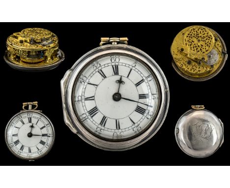 Signed Stunning Silver Pair Cased Chain Driven Verge Pocket Watch,  circa 1720 by Will Kipling London, important watch maker.