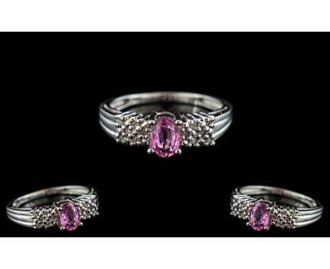 Ladies - Attractive 10ct White Gold Pink Sapphire and Diamond Set Dress Ring. Marked 9ct Gold to Interior of Shank. The Facet