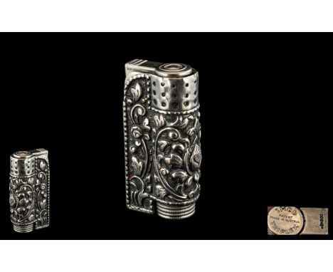 Silver Austrian Lighter. Silver Lighter Highly Decorated Throughout In Flowers and Foliage. Hallmarked for Silver. 