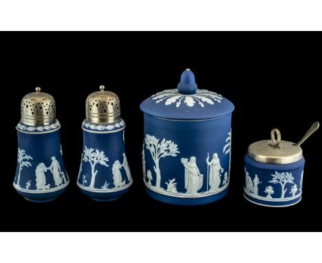 Four Pieces of Wedgewood Jasperware all classical scenes to include two sugar casters, preserve pot, and a biscuit barrel. 