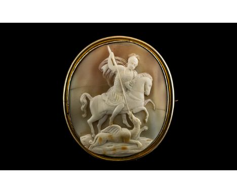 A Large Antique Size Classical Oval Cameo - Depicting St. George and the Winged Dragon From Antiquity, Carved on a Light Brow