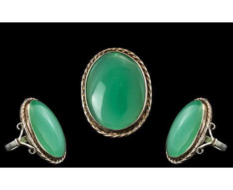 Large Vintage - Impressive Sterling Silver Single Stone Jade Set Ring - Excellent Setting. The Large Oval Shaped Polished Jad