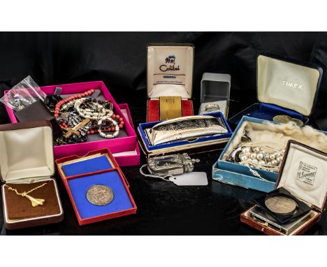 Quantity Of Costume Jewellery To Include Bracelets, Chains, Brooches, Wristwatches, Odd Silver, Yellow Metal, Commemorative C