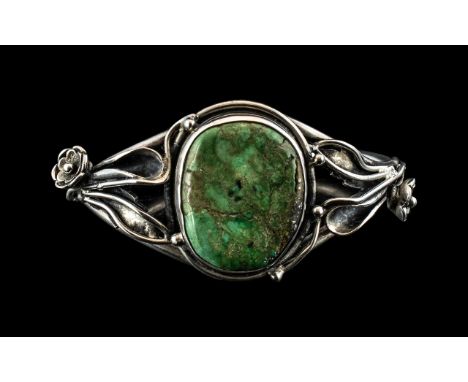 Art Nouveau Silver Bangle. Tulip Design with Large Turquoise Stone to Centre of Large Size. Marked 925 to Underside. 