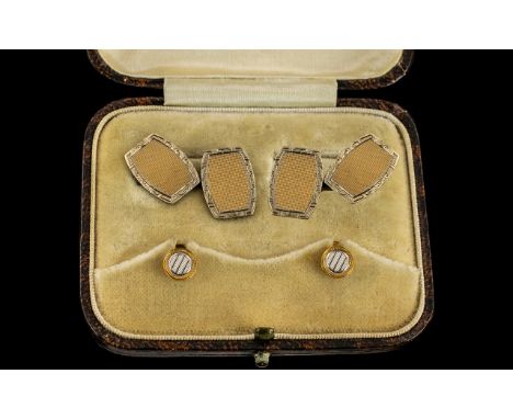 Gentleman's 9ct Gold Pair of Engine Turned Cufflinks with Matching Pair of Studs. In Original Box. Hallmark Birmingham 1930, 