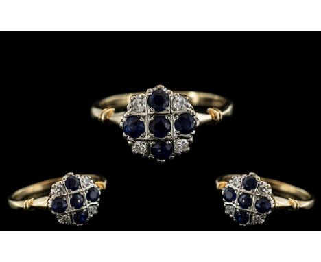 Ladies - Attractive and Pleasing 9ct Gold Sapphire and Diamond Set Dress Ring In Art Deco Style. Fully Hallmarked for 9ct. Di