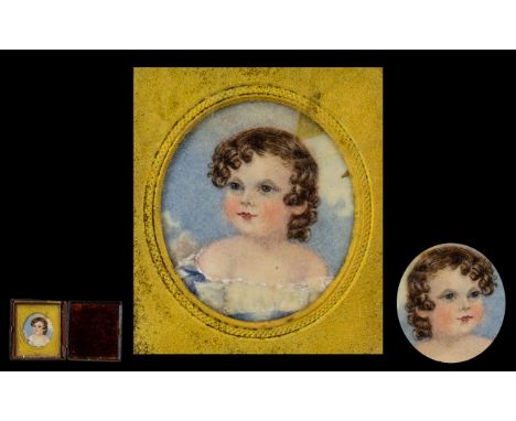 Early Victorian Period Hand Painted Portrait Miniature of a Young Child on Ivory, Within a Leather Carrying Case. 2.5 Inches 