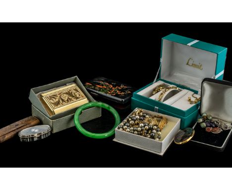 A Mixed Lot Comprising Jadeite Bangle, BSB Musical Compact, Pill Boxes, Earrings, Necklaces, Locket, Limit Watch Set, Cufflin