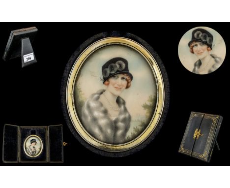 1930's Excellent Quality Oval Shaped Hand Painted Portrait Miniature on Ivory of a Young Lady In Period Dress. Framed within 