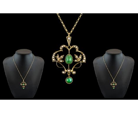 Victorian Period Exquisite 9ct Gold Jade and Seed Pearl Set Drop Pendant of Stunning Design / Form, Attached to a 9ct gold Ch