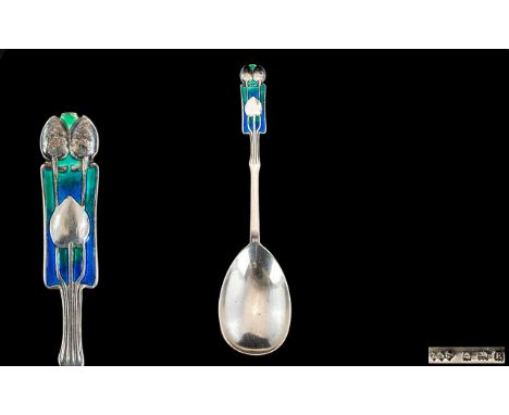 Liberty &amp; Company Archibald Knox Designed Silver Art Nouveau Style Enamel Spoon, dated Birmingham 1929, of fine quality.